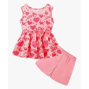 Toddler Girls 2 Piece Sleeveless Bow Tank With Shorts Hearts Love Pink 3T NEW